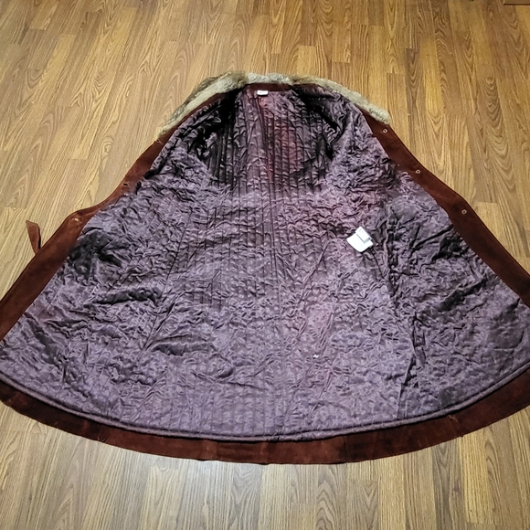 70s Vtg Suede Leather Full Length Coat w/ Real Fur Collar Size 17 Fits 10 C71 - Picture 5 of 13